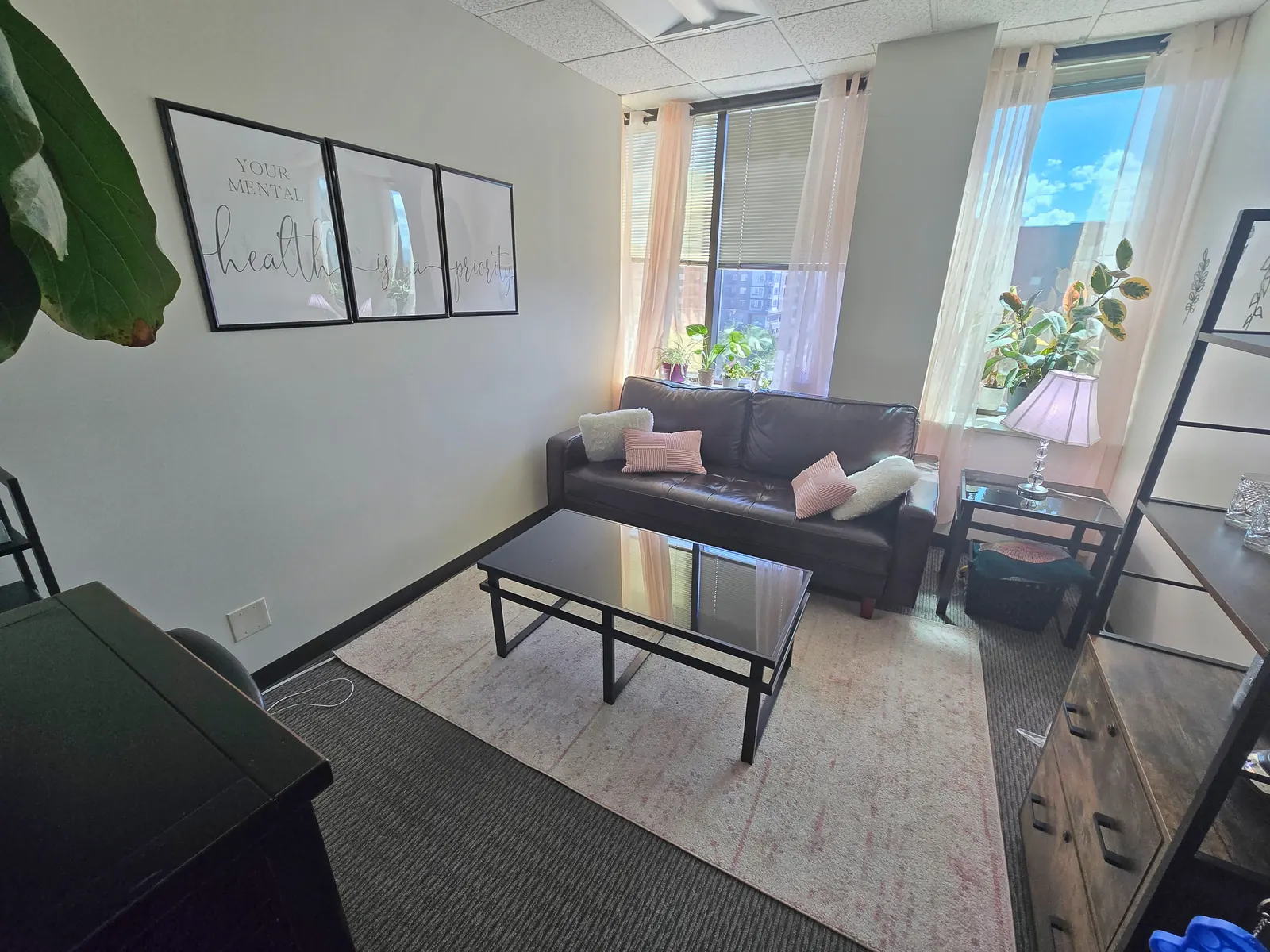 Room 102 with curtained windows, a dark sofa, plants and a glass coffee table